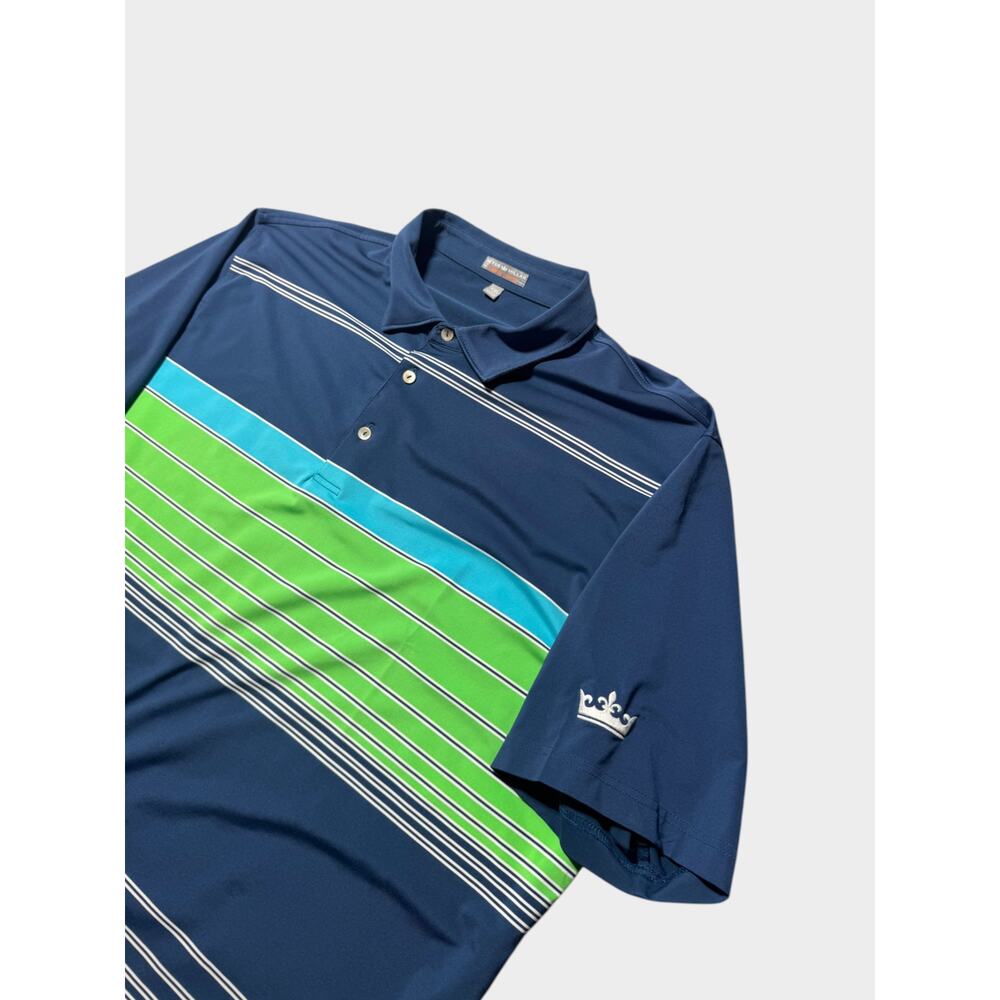 Peter Millar Golf Polo Shirt Mens 2XL Navy Blue Striped Short Sleeve Slit Hem - Picture 5 of 9